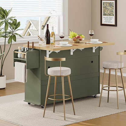 60" Kitchen Island with Power Outlet & Drop Leaf, Kitchen Rolling Island with Spice Rack & Towel Rack, Knife Holder, Kitchen Island Cart with Trash Storage Cabinet, Mobile Island Table for Kitchen