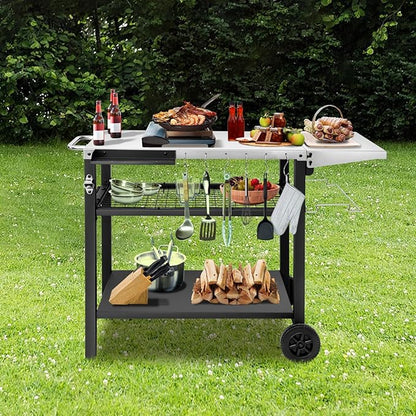 EDOSTORY Outdoor Grill Cart Pizza Oven Stand, Three-Shelf Stainless Steel Food Prep Table Patio BBQ Grill Table Bar Cart Kitchen Island with Wheels