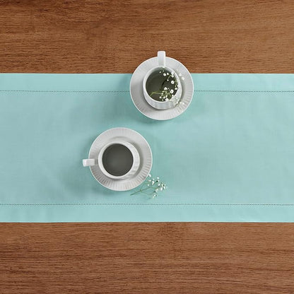 Solino Home Cotton Linen Table Runner 90 Inches Long - Hemstitch Pastel Turquoise Dining Table Runner 14 x 90 Inch for Spring, Easter