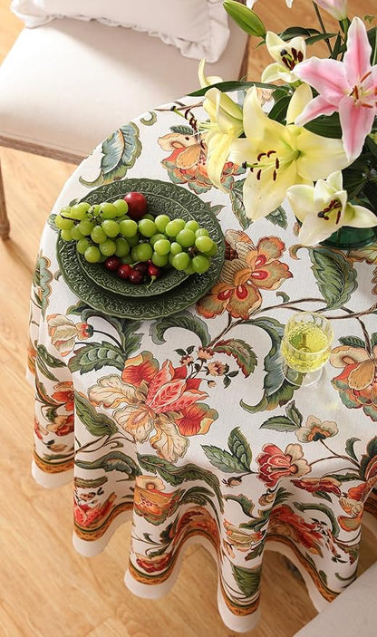 patdrea Designer Vintage Linen Round Tablecloth,Provencal Rustic Floral Pattern Tablecloths,Decorative Table Cover Cloth for Kitchen,Dining Room,Tea Party,Home,Christmas,Diameter 55"