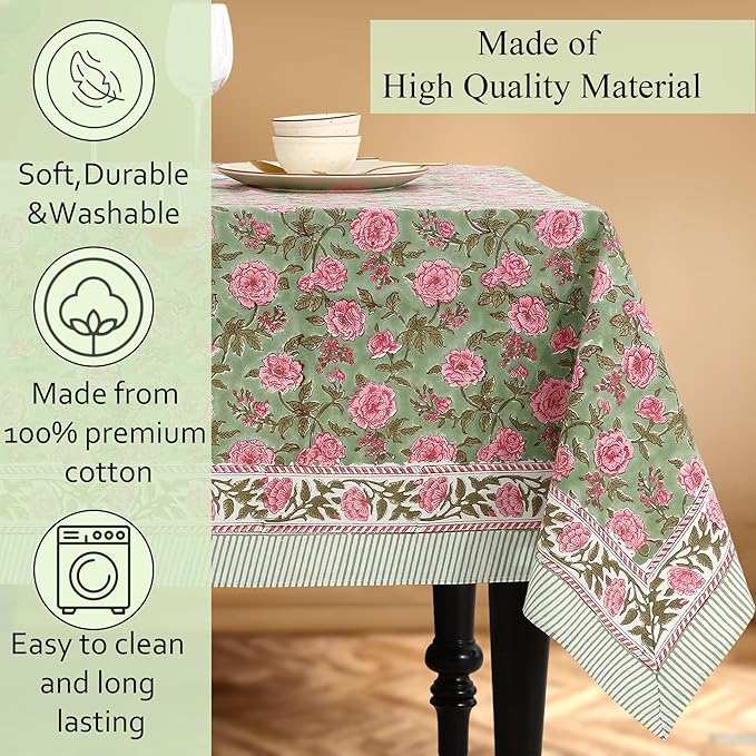 CPC Tablecloth 100% Cotton 60x60 Inch Indian Block Print Square Table Cover, Table Cloth for Weddings, Spring/Summer, Barbeque - Pink Tourmaline