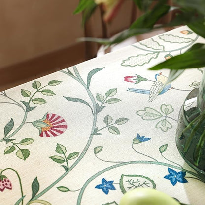 Linen Table Cloth Rectangle,Wrinkle Resistant French White and Green Tablecloth Print with Froal,Decor Stitch Table Cloth for Thanksgiving,Dining Room,Home,63" × 110"-Idaho A