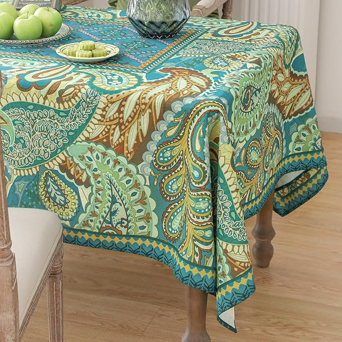 Linen Green Tablecloth,Wrinkle Resistant French Vintage Tablecloth Print with Foral,Decor Square Table Cloth for Thanksgiving,Dining Room,Home,Kitchen 67" × 67"-Milen
