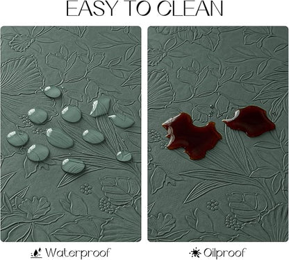 Romanstile Vinyl Placemats Set of 8-12 X 18 Inch - Heat Resistant Non-Slip Embossed Floral Place Mats 100% Waterproof Oilproof Wipeable Faux Leather Table Mats for Kitchen/Dining/Party, Green