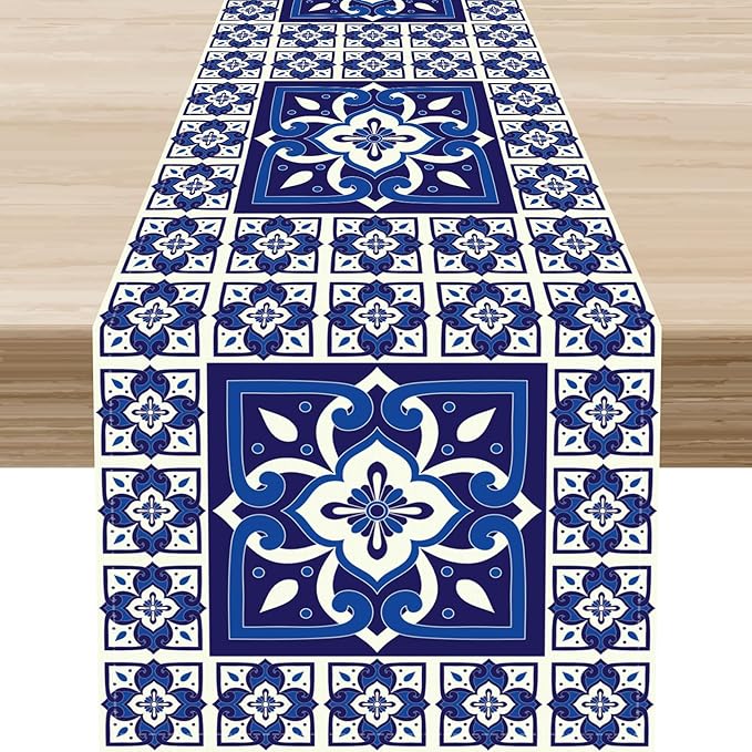 Mexican Table Runner, Blue Floral Birds Mexico Talavera Tiles Ceramic Dia De Los Muertos Coffee Table Center Decor for Family Kitchen and Dining Farmhouse Indoor Outdoor Table Decorations, 13"x90"