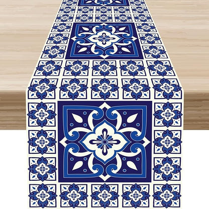 Mexican Table Runner, Blue Floral Birds Mexico Talavera Tiles Ceramic Dia De Los Muertos Coffee Table Center Decor for Family Kitchen and Dining Farmhouse Indoor Outdoor Table Decorations, 13"x90"