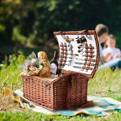 Juvale Picnic Basket for 4 People - 18.1 x 12.2 x 10.2 Inches, Brown, Classic - Complete Wicker Picnic Basket Set with Cooler Bag, Dishes, Utensils & Glasses