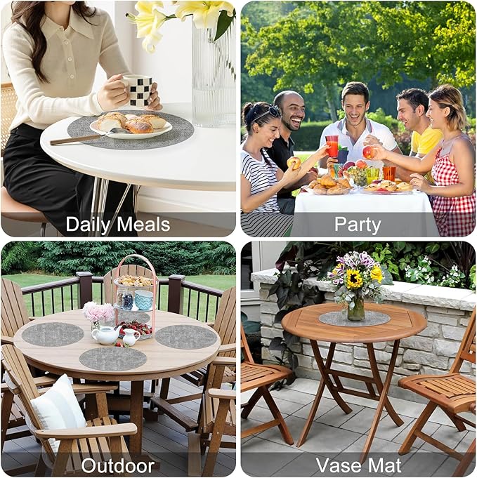 Homaxy Round Faux Leather Placemats and Coasters, Washable Dual-Side Table Mats, Wipeable Heat-Resistant Dining Place Mats for Outdoor and Indoor, Set of 12, Diameter 13 and 3.93 inch, Light Grey