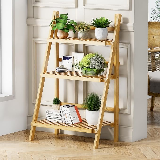 Foldable Ladder Shelf 39.4", Plant Shelf 3 Tier, Bamboo Ladder Flower Pot - Image 4