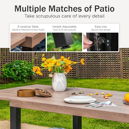 PHI VILLA Outdoor Metal Expandable Dining Table, Wood-Like Wrought Iron Extendable Table for 6-8 Person, Heavy-Duty Large Rectangular Table Furniture for Patio, Deck, Backyard, Porch