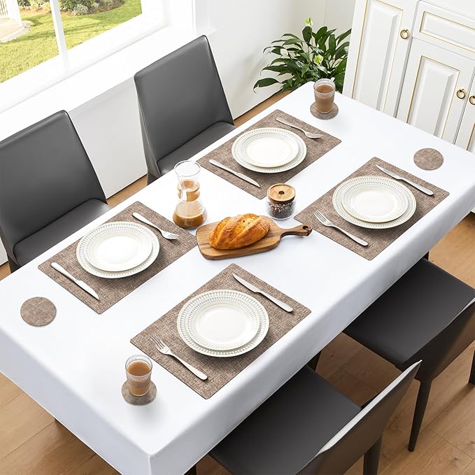 MOSAYT Placemats Set of 4, Heat Resistant Vinyl Place Mats with Coasters, 100% Waterproof Wipeable Washable Faux Leather Table Mats for Kitchen Dining Party Indoor Outdoor, 12" x 17", Khaki