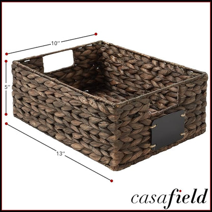 Casafield Set of 4 Water Hyacinth Pantry Baskets, 10" x 13" x 5", with Chalkboard Labels and Chalk Marker - Espresso, Woven Storage Bin Organizers for Kitchen Shelves