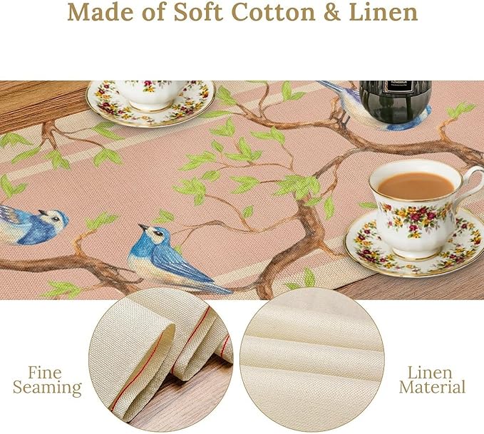 Watercolor Birds Table Runner,Spring Blue Bird Green Tree Table Runner for Kitchen Dining Table Holiday Farmhouse Home Party Decor 13x108in