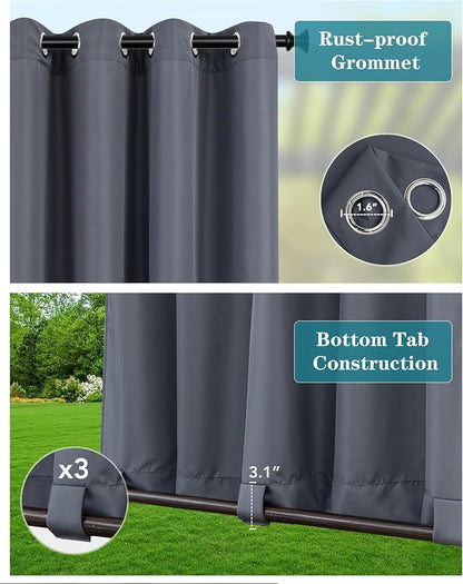 Windproof Outdoor Curtains for Patio Waterproof 4 Pcs 54x84 In Grey | Grommet - Image 2