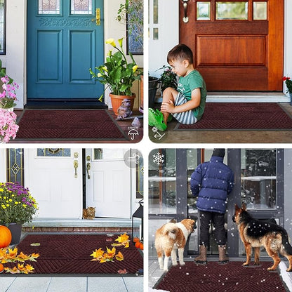 Smiry Front Door Mat Outside Entrance, Heavy Duty Sturdy Natural Rubber Doormat, Trap Dirt and Moisture, Easy Clean Low Profile Mats for Indoor Outdoor Entry, Irregular Triangle (47x32, Dark Red)
