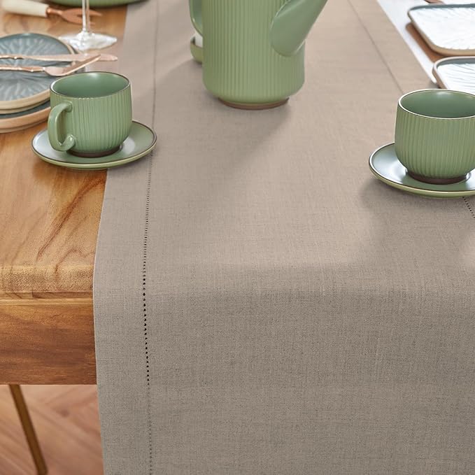 Solino Home Linen Natural Table Runner 72 Inches Long - 100% Pure Linen Medium Weight Hemstitch Table Runner 14 x 72 Inch for Dresser, Dining, Spring, Easter