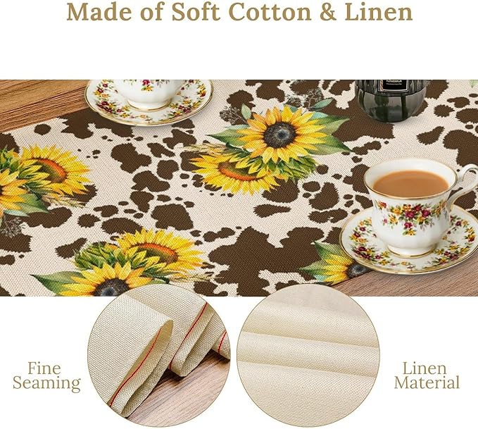 Cow Print Table Runner, Brown Sunflower Cow Print Animal Fur Skin Rustic Cowhide Pattern Table Runner for Kitchen Farmhouse Dining Home Outdoor 13x36in