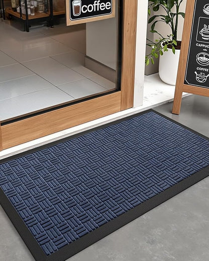 DEXI Front Door Mat Outside Entrance, 2x4 ft Rubber Entry Doormat Heavy Duty, Welcome Mats Non Slip for Inside House Floor Entryway Double Doors Exterior Patio, Maze Blue