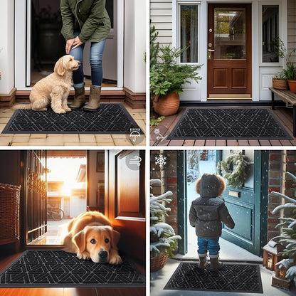 Smiry Front Door Mat Outside Entrance, Heavy Duty Sturdy Natural Rubber Doormat, Trap Dirt and Moisture, Easy Clean Low Profile Mats for Indoor Outdoor Entry, Grid Geometric (47x32, Black)