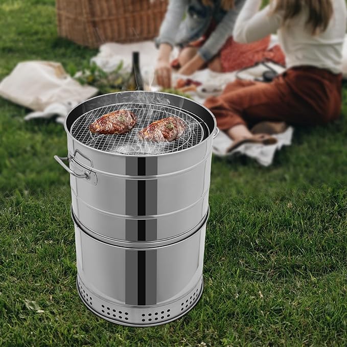 Portable Charcoal Grills, Stainless Steel BBQ Grill Barrel, 360° Smokeless Barbecue Grill Barrel with 50 Skewers, Oil-Carbon Separation, Vertical Hanging & Net Barbecue, Ash Catching Tray