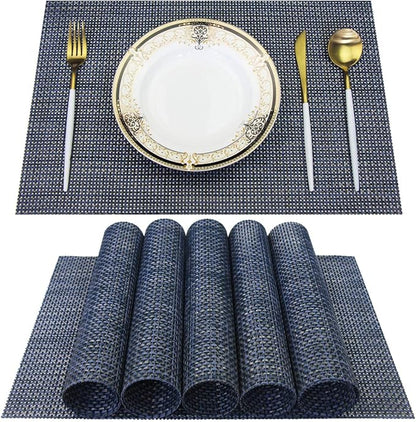 Thicken Placemats Set of 6 Vinyl Heat-Resistant Table Mats Washable Plastic Placemats for Dining Table (Blue)