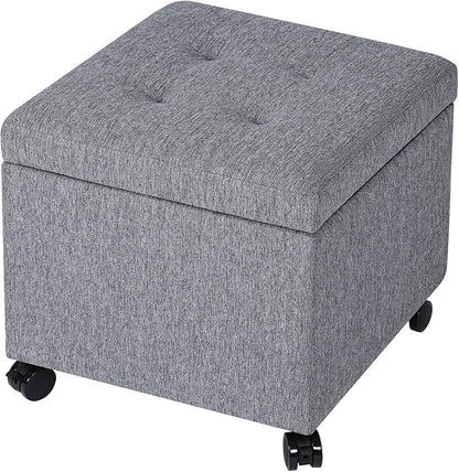 Homebeez Multifunctional Space-Saving Linen Storage Ottoman with 360° Rolling Wheels, 17.7" Square Tufted Cube Footstool with Hinged Lid, Holds 300 lbs, for Living Room, Bedroom, Entryway, Grey