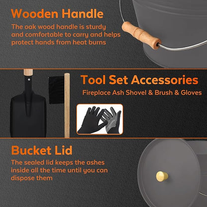 Small Ash Bucket with Lid and Shovel, Metal Fireplace Ash Bucket with Broom, Complete Fireplace Tools Set for Wood Stove and Fireplace, Gray