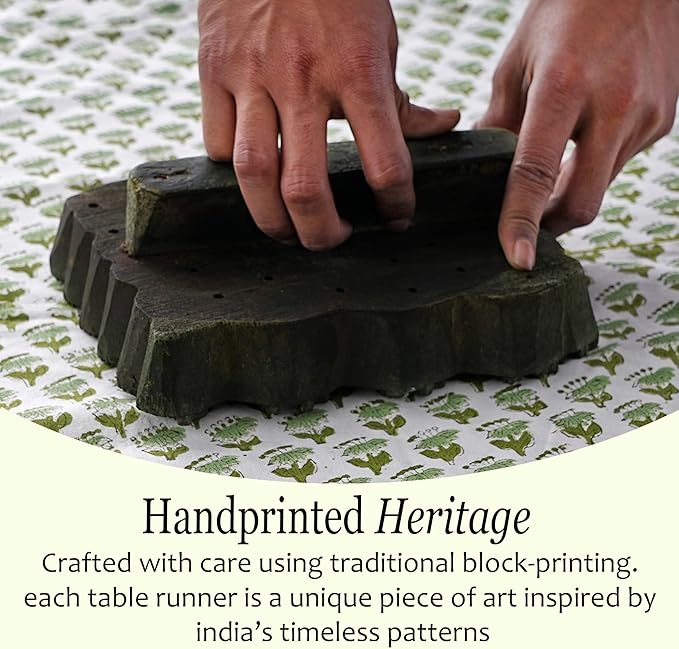 CPC Cotton Table Runner 16x72 Inch Block Printed Long Fall Table Runner for Dining Table, Card Table, Coffee Table, Wedding, Farmhouse & Outdoor Barbeque-Emerald Green