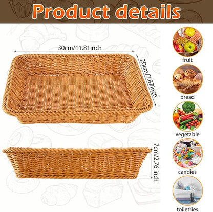 Tioncy 10 Pcs Poly Wicker Woven Bread Basket Imitation Rattan Fruit Basket Tray Stackable Rectangular Food Baskets for Serving Display Storage Kitchen Restaurant Home Vegetable (11.81 x 7.87 x 2.76")