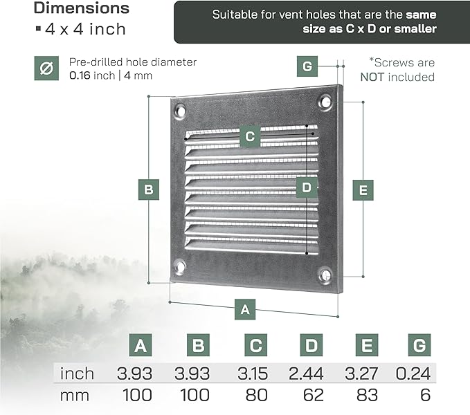 Vent Systems 4'' x 4'' Inch (Overall Dimensions) Pack of 5 - Galvanized Air Vent Cover - Metal Air Return Grill with Built in Guard Screen - HVAC Ducting Vent Duct Cover for Interior, Exterior Use
