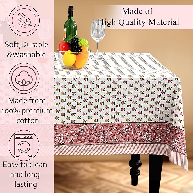 CPC Rosette Bloom Tablecloth 100% Cotton 72x140 Inch Indian Block Print Rectangle Table Cover, Table Cloth for Gifting in Weddings, Halloween, Fall, Christmas, Thanksgiving