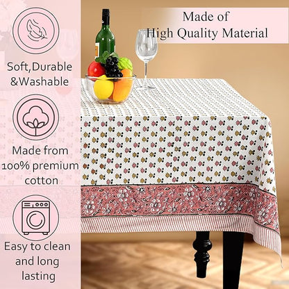 CPC Rosette Bloom Tablecloth 100% Cotton 60x90 Inch Indian Block Print Rectangle Table Cover, Table Cloth for Gifting in Weddings, Halloween, Fall, Christmas, Thanksgiving