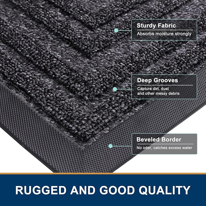 Buganda Front Door Mat Indoor Outdoor Entrance, Non-Slip Natural Rubber Doormats, Easy Clean, Low Profile, Dirt Trapper Entryway Floor Mats for Outside, Garages and Patios, 36x24, Silver Grey
