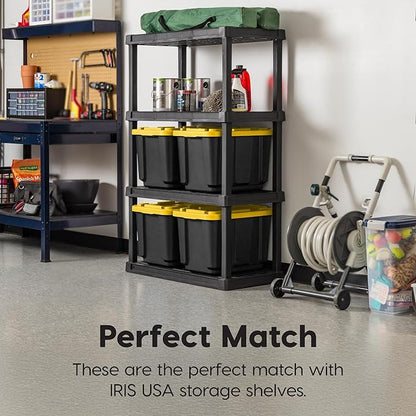 IRIS USA 4-Pack 12 Gallon Storage Bins with Lids |Made in USA| Heavy Duty Plastic Tote Containers for Truckbed Tool Box Organization, Large - Black/Yellow