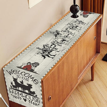 Farmhouse Cow Table Runner, Rustic Rooster Sheep Black White Plaid Animals Farm Coffee Table Center Decor for Home Kitchen Dining Patio Holiday Party Indoor Outdoor Table Decorations, 13"x36"