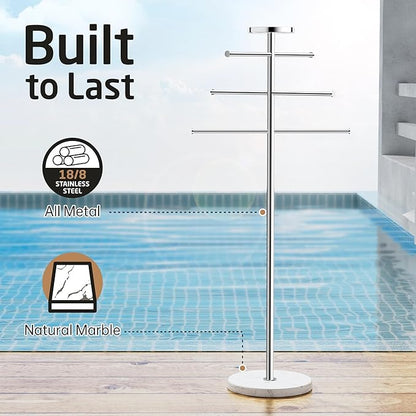 KES Outdoor Towel Tack for Hot Tub, Pool Towel Rack Outdoor with Natural Marble Base 59" H 18/8 Stainless Steel Adjustable 3 Arms with Storage Tray, Polished Finish, OTR200