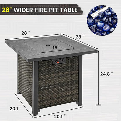 Sundale Outdoor 28 Inch Outdoor Fire Pit Table, 50000 BTU Propane Fire Pits with Rain Cover, Glass Stones and Lid, Wicker Gas Fire Pit for Outside Patio and Garden, CSA-Listed