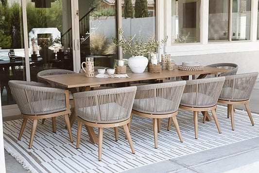 PURPLE LEAF Outdoor Dining Set for 10 All-Weather Aluminum 11 Piece Furniture Sets with Woodgrain Table and Rope Weave Chairs Included Cushions for Backyard Indoor Decor Kitchen Patio Set Teak Color