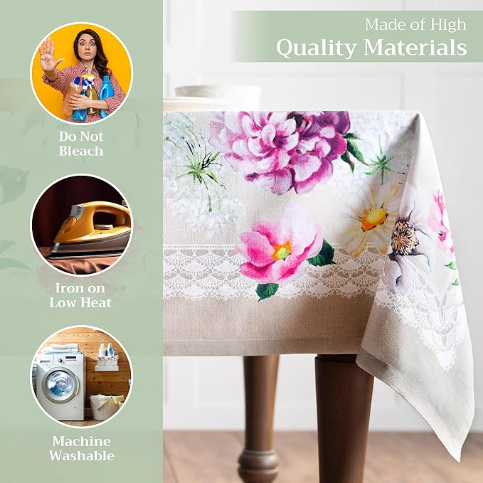 Maison d' Hermine Table Cloth Square Table 100% Cotton 60 x 60 Inches Tablecloth Reusable Decorative Everyday Use for Dining Room, Farmhouse, Home, Party, Festive & Wedding Spring Summer - Pivoine