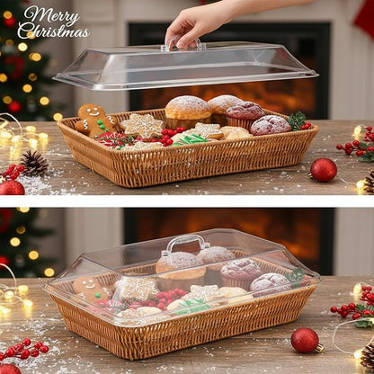 2 Set Wicker Bread Basket for Serving with Acrylic Lid Imitation Rattan Bread Basket Woven Rectangular with Cover for Fruit Food Display Party Easter Picnic(15.75" X 11.81", 13.78" X 9.84")