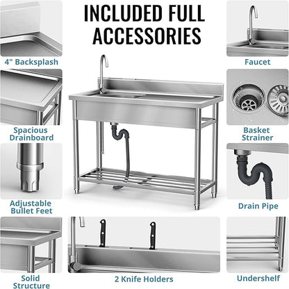 Stainless Steel Sink, Free Standing Kitchen Sink with Countertop Workstation, Utility Sink Single Bowl with Cold and Hot Water Pipe for Kitch Laundry Room Garage Farmhouse Indoor Outdoor (39 Inch L)
