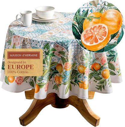 Maison d' Hermine Table Cloth Round Table 100% Cotton 63 Inches Tablecloth Reusable Decorative Everyday Use for Dining Room, Farmhouse, Home, Party, Festive & Wedding Spring Summer - Agrume
