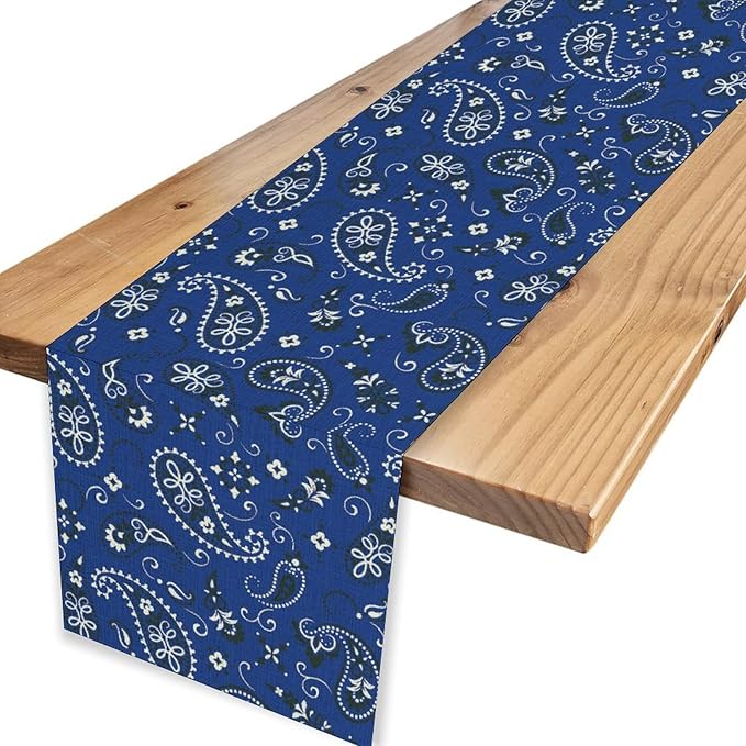 Blue Paisley Table Runner, Vintage Damask Antique Floral Flower Boho Damask Swirled Rustic Coffee Table Center Decor for Family Kitchen and Living Room Outdoor Table Decorations, 13"x108"