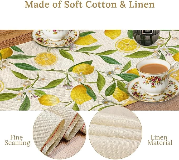Lemon Table Runner, Summer Fruits Green Leaves Flower Plant Table Runner for Farmhouse Coffee Home Kitchen Dining Party Outdoor 13x90in