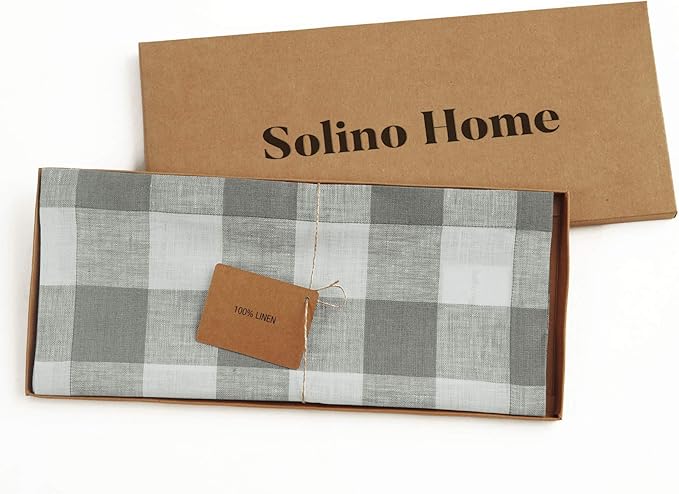 Solino Home Linen Buffalo Plaid Table Runner 60 Inches - 100% Pure Linen Grey and White Checkered Table Runner 14 x 60 Inch Ideal for Dresser and Coffee Tables - Halloween, Thanksgiving, Christmas