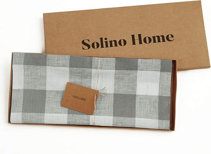 Solino Home Linen Buffalo Plaid Table Runner 60 Inches - 100% Pure Linen Grey and White Checkered Table Runner 14 x 60 Inch Ideal for Dresser and Coffee Tables - Halloween, Thanksgiving, Christmas
