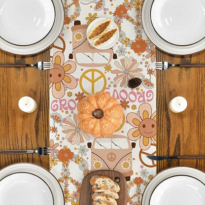 Artoid Mode Daisy Flower Peace and Love Table Runner, Wreath Float Groovy Kitchen Dining Table Decoration for Outdoor Home Party 13x72 Inch