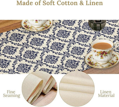 Damask Table Runner, Rustic Gothic Baroque Style Floral Bohemian Boho Blue Flower Antique Vintage Coffee Table Center Decor for Kitchen and Dining Outdoor Country Party Table Decorations, 13"x72"