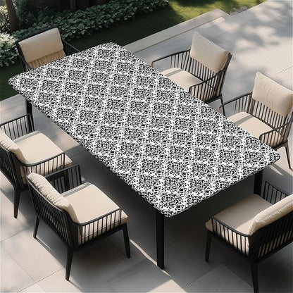 Rectangle Table Cloth Cover Waterproof Elastic Fitted Polyester Fitted Tablecloths for 8 Foot Tables for Indoor,Picnic, Camping, Outdoor （96" x 30"，Flower Geometry）