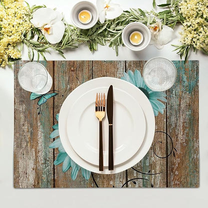 Giwawa Rustic Daisy Placemats Set of 4- Teal Sunflowers on Vintage Wood Board Linen Place Mat- Farmhouse Wooden Non Slip Heat Resistant Table Mats for Dining Kitchen Cabin Lodge Decor